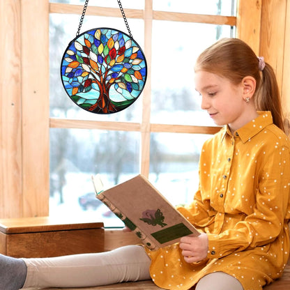 kdqua Tree of Life Suncatcher Stained Glass Window Hanging, Sun Catchers Indoor Window Glass Round Wall Decor, Nature Wall Art Hanging Decorations Statues Christmas & Birthday Gifts, 7.9x7.9in