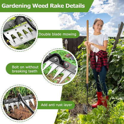 Gardenia Iron Weeding Rake, 2.0 Iron Weeding Rake with Long Handle, 6 Teeth Heavy Duty Puller Tools for Gardening, Weedings ,Lawn