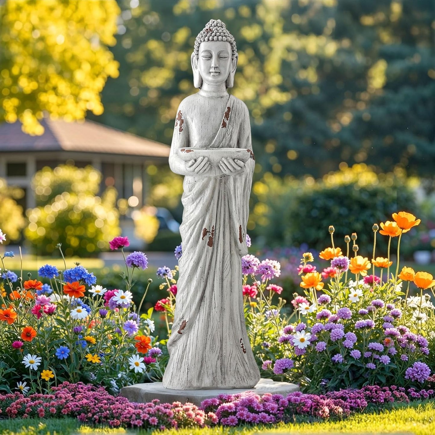 Zen Garden Asian Buddha Statue, 42.1" Large Outdoor Yard Sculpture,Durable Magnesium Oxide Stone Decor for Patio, Yard,Indoor Spaces, Antique White