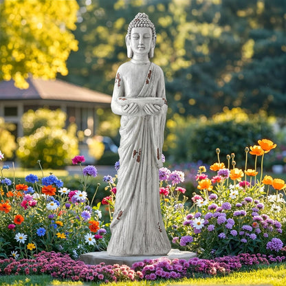 Zen Garden Asian Buddha Statue, 42.1" Large Outdoor Yard Sculpture,Durable Magnesium Oxide Stone Decor for Patio, Yard,Indoor Spaces, Antique White