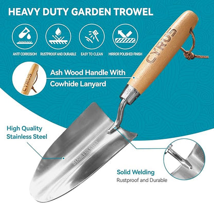 CYRUS 12.6”Garden Trowel,Heavy Duty Large Size Stainless Steel Garden Shovel with Ash Wood Handle,Suitable for Planting,Measuring,Weeding Multi-Functional Garden Spade