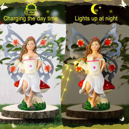9. 8'' H Fairies Garden Figurines Garden Accessories Butterfly Wing Fairy Figurine Mushroom Decor Solar Luminous Watering Can Resin Statue for Outdoor Indoor Patio Yard Home Decorations