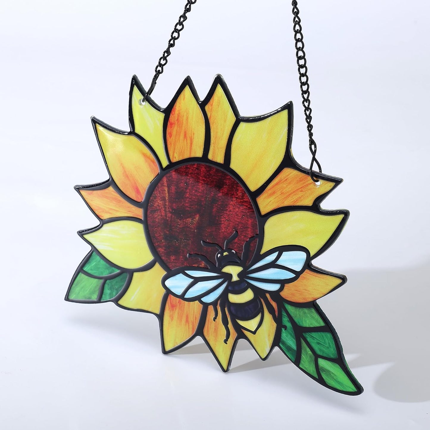 Stained Glass Suncatcher, Sunflower and Ladybug Window Hanging, Hand-Painted (Style 3)