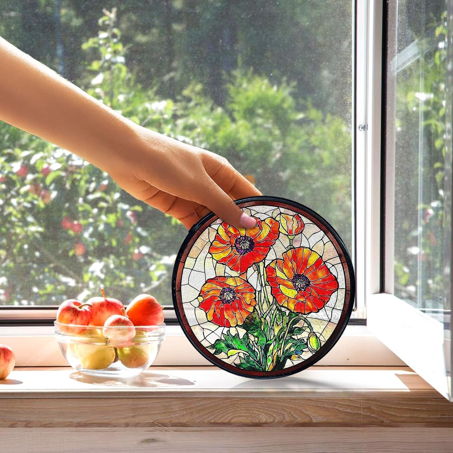 kdqua Poppy Flower Suncatcher Stained Glass Window Hanging, Poppy Flower Gifts Sun Catchers Indoor Window Glass Round Wall Decor, Orange Floral Wall Art Hanging Decorations Statues, 7.9x7.9in