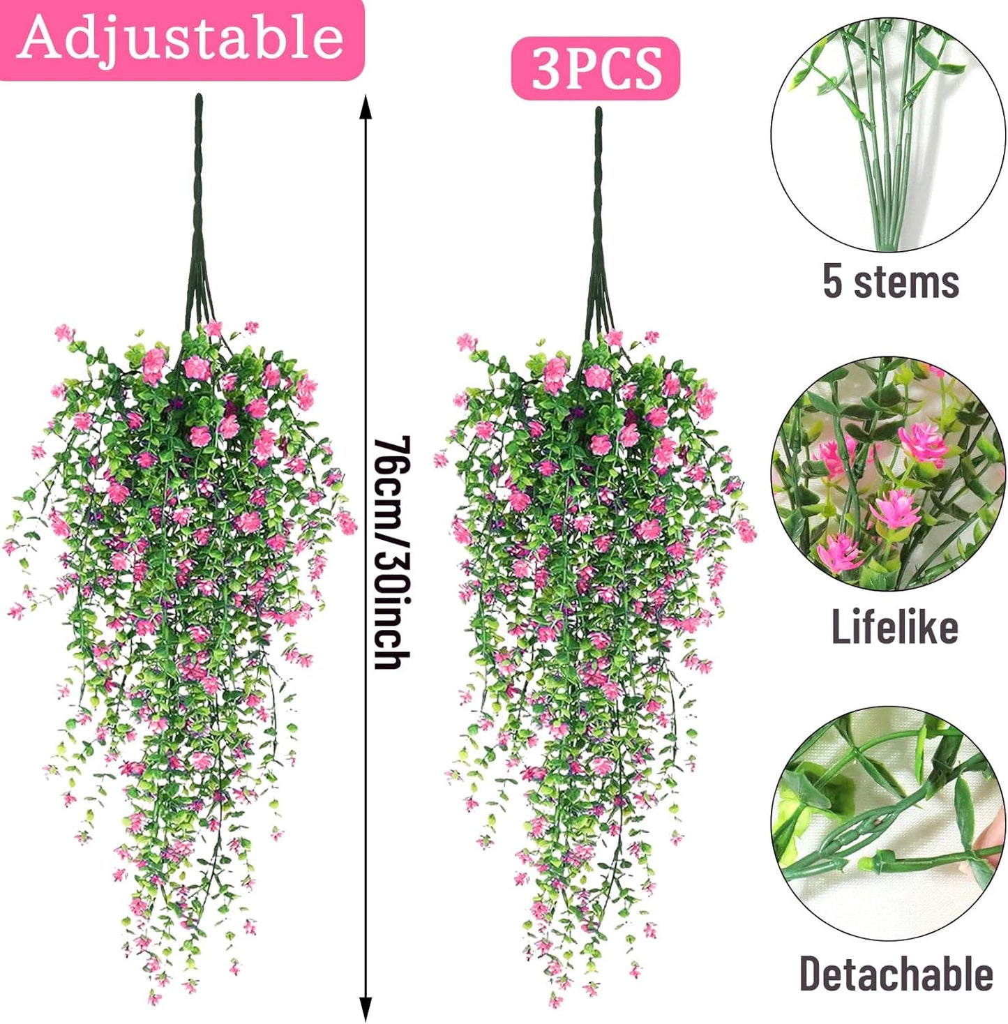 Artificial Hanging Flowers, 3 Pcs Fake Hanging Plants Artificial Vines for Outdoors, Fake Ivy Vine UV Resistant No Fade Faux Plants for Indoor Outside Garden Patio Yard Greenery Decoration (Pink)