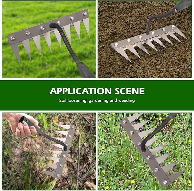 Iron Weeding Rake 2.0, New 5/6/7/8 Teeth Carbon Steel Garden Weeder Rakes, Weeder Puller Tool for Yard Lawn and Garden, Heavy Duty Metal Rake for Lawn, Flower Beds & Soil Aeration (6 Teeth)