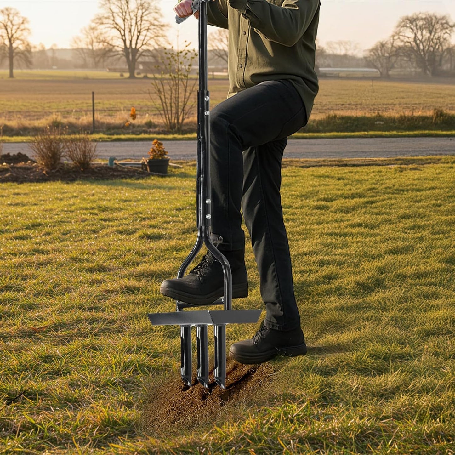 VINGLI Lawn Aerator, 43 inch Manual Aerator Tool with Soil Core Tray, Grass Plug Aerator with 3 Tines for Gardening Soil Compaction Lawn Yard Care, Black