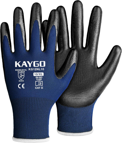 KAYGO Work Gloves Nitrile Coated, 12 Pairs KG12N，Seamless Knit, Protective Safety Work Gloves with Good Grip for General Work,Blue, XL