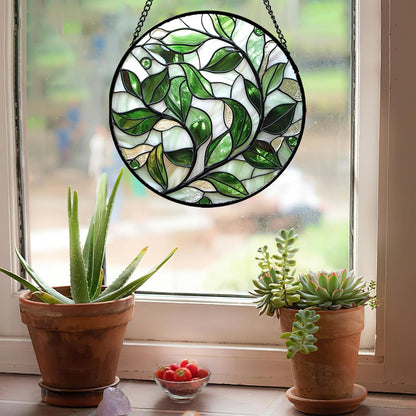 Stained Glass Window Hanging - White Green Leaves Suncatcher for Doors Window Home Plant Sun Catchers Decor Christmas Mother's Day Birthday Gifts for Teacher Women Men Mom Nana 11.8 in
