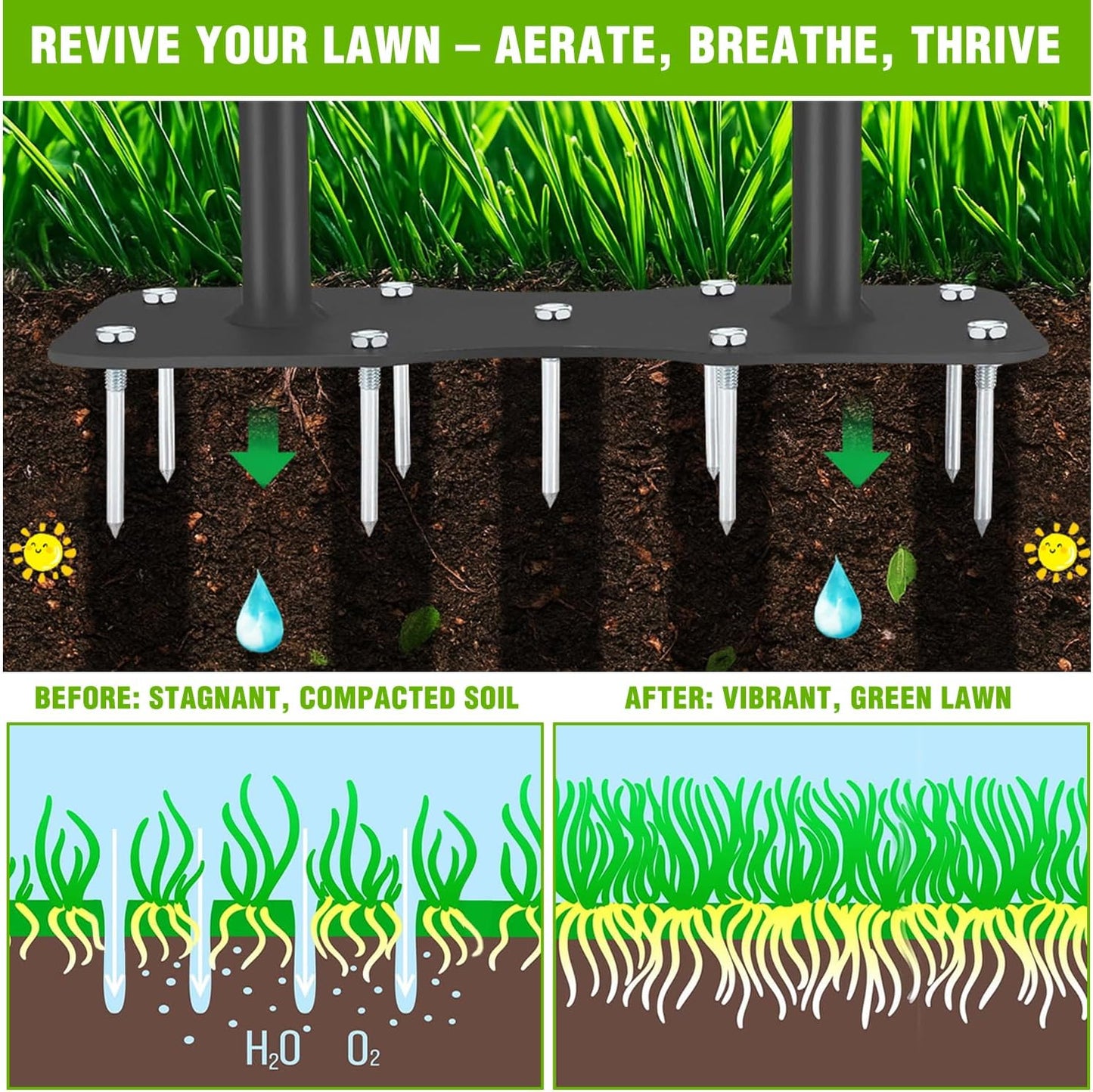 Yesker Lawn Aerator Spike Tool – Manual Metal Soil Aerator with 9 Iron Spikes, Dethatching Lawn Tool for Yard, Garden, and Lawn Aeration