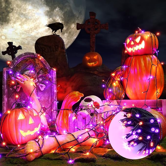 Orange and Purple Fairy Lights, 114ft 300 LED String Lights with 8 Modes, Waterproof Plug in for Indoor/Outdoor Halloween Party Decor