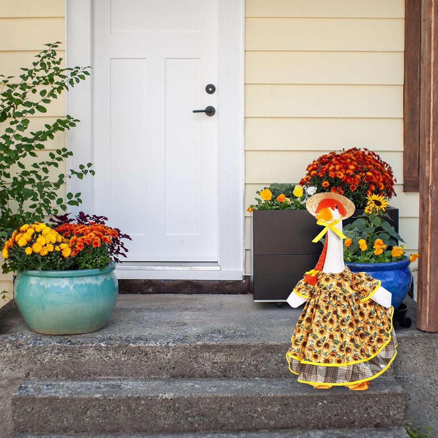 Fall Goose Outfit Harvest Sunflower Lawn Porch Cement Goose Clothes Harvest Skirts Hat Wig for Fall Thanksgiving Garden Outdoor Patio Yard Statue Art Decor(23 Inch)