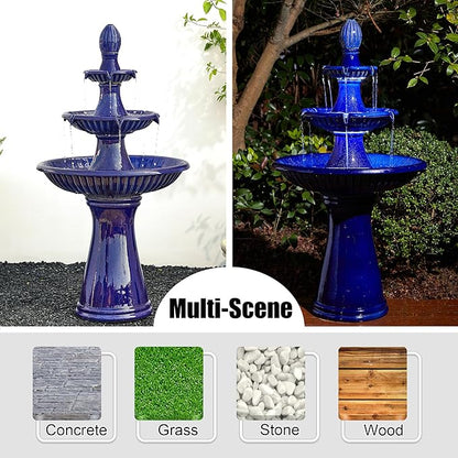 Glitzhome Water Fountain Outdoor Floor-Stand Fountain with LED Light & Pump Oversized 3 Tier Ceramic Cobalt Blue Patio Fountains and Waterfalls Outdoor Yard Fountains for Lawn Garden Backyard