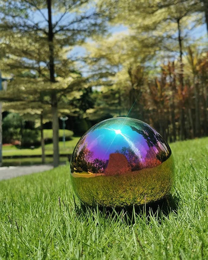 Rainbow Gazing Globe Mirror Ball in Stainless Steel, Shiny Hollow Sphere Sparkling Housewarming Outdoor Ornament (8 Inch)