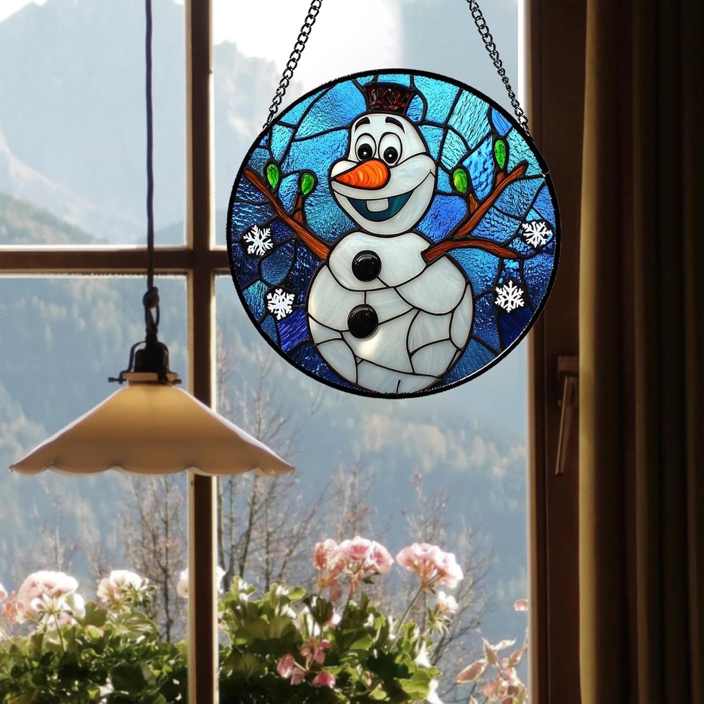 Stained Glass Window Hanging Christmas Funny Snowman 6.3" - Suncatcher Door Garden Blue White Snowflakes Sun Catcher New Year Birthday for Friend Mom Men Woman Nana