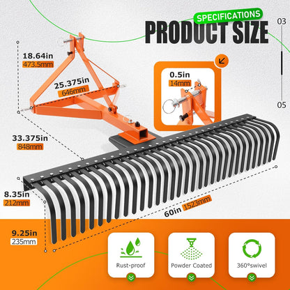 KUAFU 60 in Landscape Rake, 3 Point Rake Compatible with Category-1 Tractor, 360 Degree Rotation Tow-Behind Garden Tool for Compact Tractors for Farm, Garden, Clearing Brush, Raking Arenas 2 Package