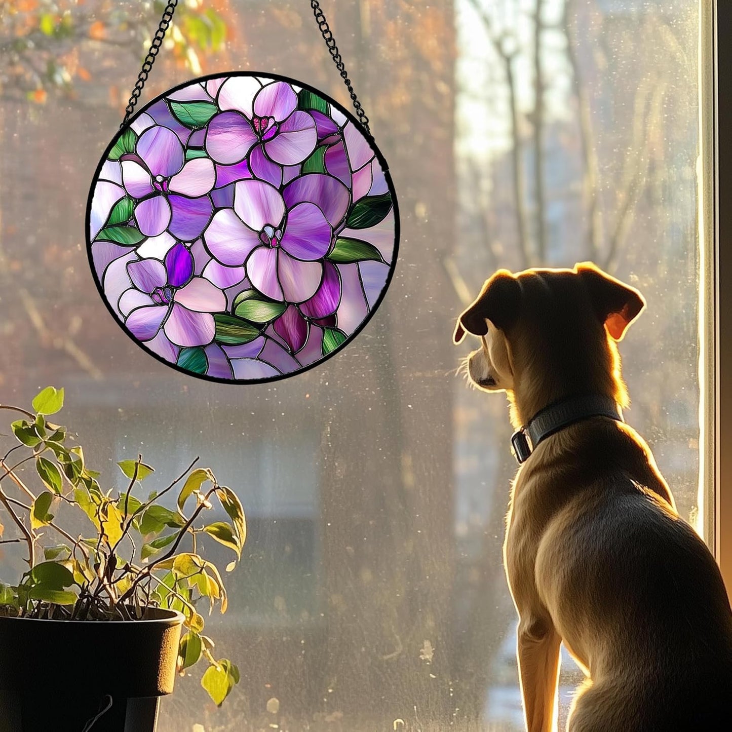 Stained Glass Window Hanging 4 Pcs Set Purple Flower Theme 6.3" - Tulip Suncatcher Door Garden Sun Catcher Decor Birthday Christmas for Plant Lovers Woman Nana Men