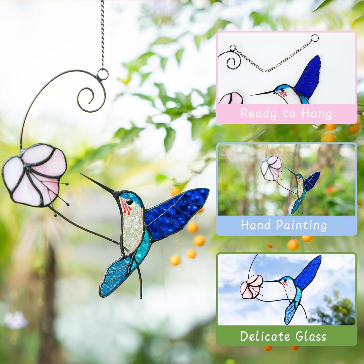 Handmade Hummingbird Stained Glass Suncatcher - Waterproof Outdoor Window & Garden Decor, Unique Gift with Suction Hooks for Home Holidays