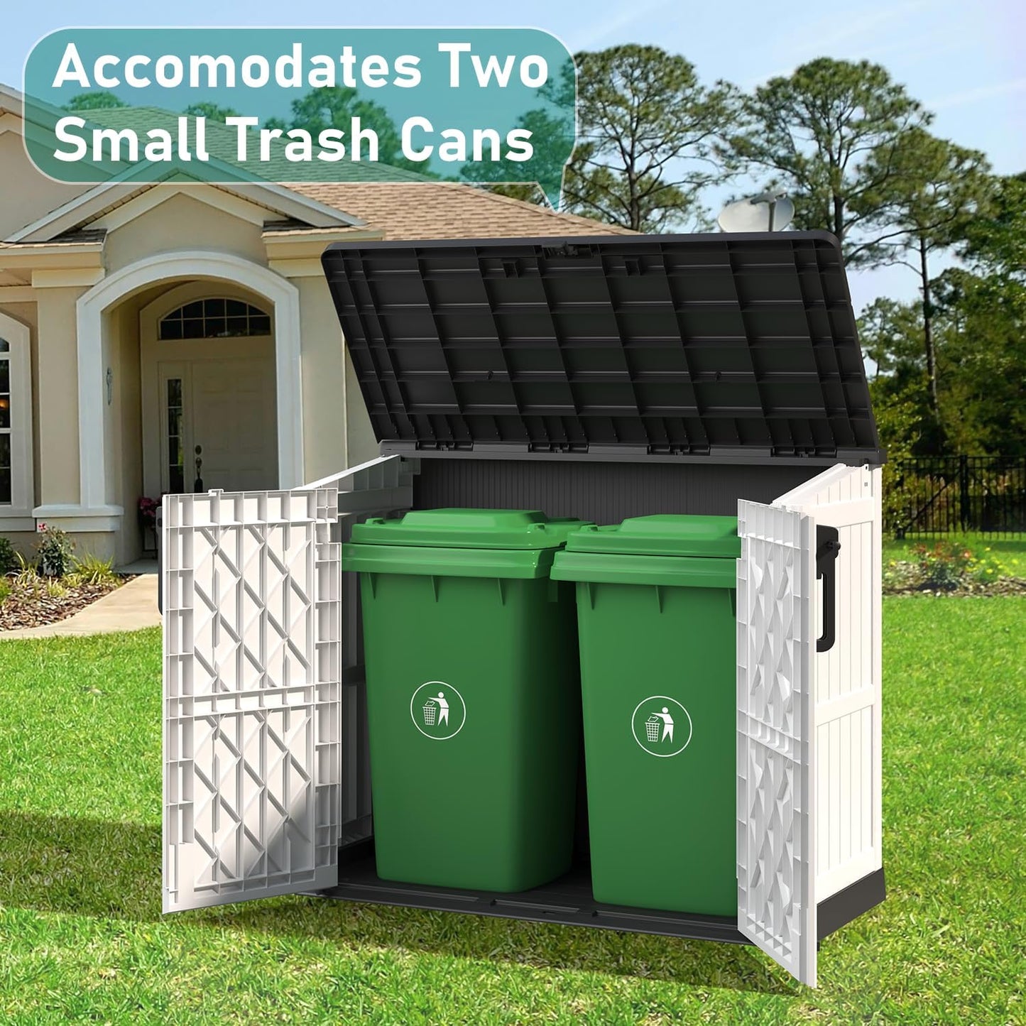KAMABOKO Outdoor Storage Cabinet 36 Cu.Ft Outdoor Trash Can Storage Shed Waterproof Horizontal Storage Shed Outdoor Storage for Backyard, Patio, Poolside (White)