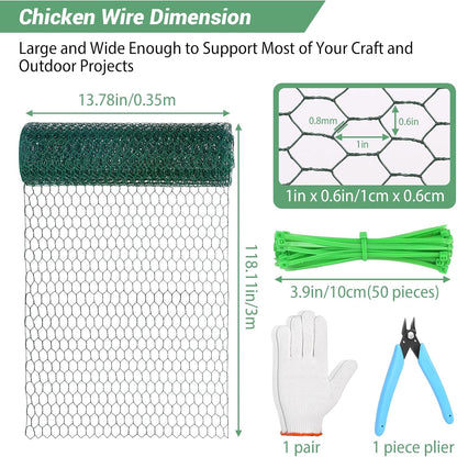 Chicken Wire Fence for Craft,13.78 x 118 Inch Lightweight Galvanized Hexagonal Chicken Wire Netting, Chicken Wire Mesh for Garden Poultry, Floral Chicken Wire Fencing with Gloves, Wire Ties and Plier