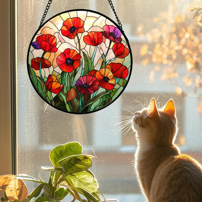 Stained Glass Window Hanging - Poppy Birth Flowers Suncatcher for Door Garden Yard Wildflowers Sun Catchers Decor Christmas Mother's Day Birthday Gifts for Women Mom Nana Friend 11.8 in