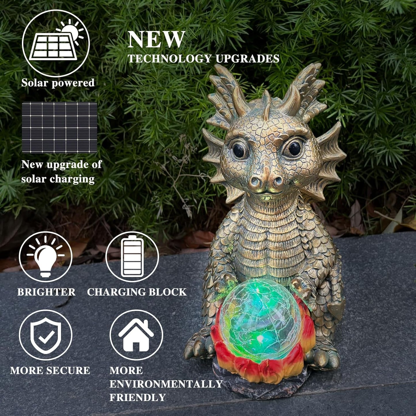 Solar Garden Statue Dragon Figurine with 7-Color Changing Solar Crackle Globe Lights- Loving Dragon for Patio,Balcony,Yard, Lawn-Unique Idea Gifts (Gray)