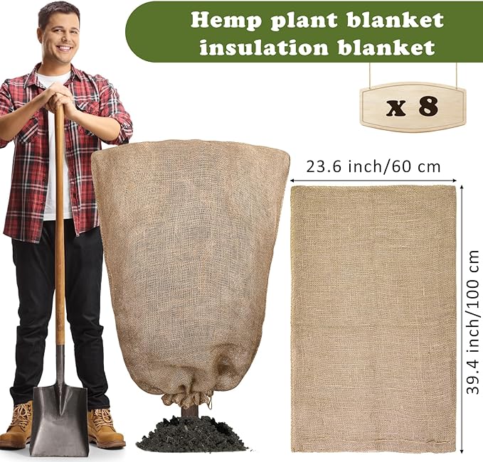 8 Packs Winter Burlap Plant Covers Bags 23.6 x 39.4 Inch Large Burlap Sack Plant Blanket with Drawstring Reusable Warm Plant Frost Cloth Cold Freeze Blanket for Outdoor Fruit Tree Potted Plants