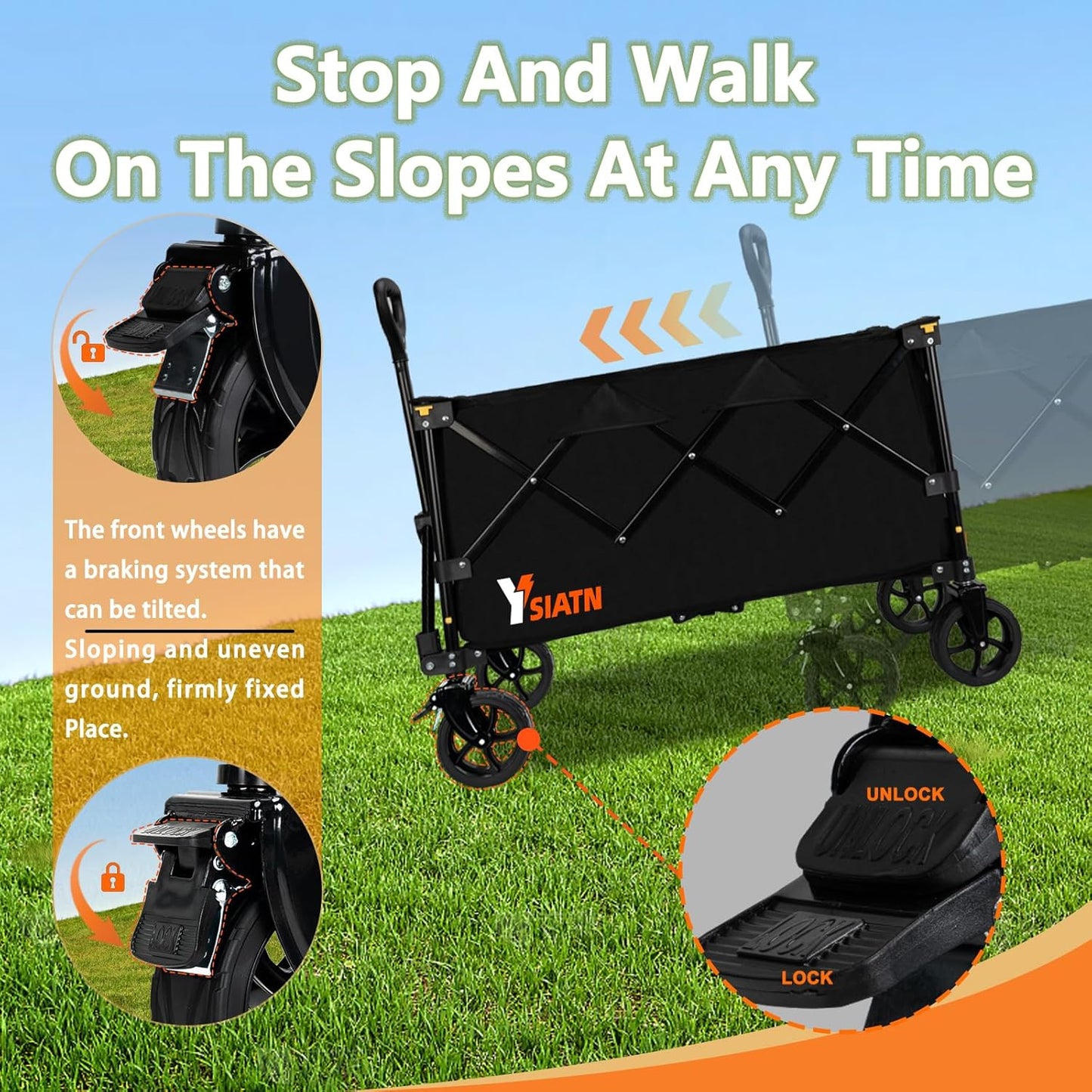 Collapsible Wagon Cart with Wheels Foldable, Folding Wagon Cart with All Terrain Wheel, Large Grocery Carts On Wheels, Heavy Duty Utility Wagons for Shopping Beach Sports Fishing Camping, 110L, Black