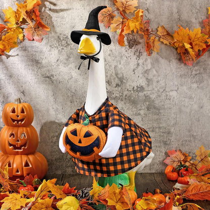 Sanwuta 1 Set Halloween Porch Goose Outfit Pumpkin Pillow Design with Hat for 23" Lawn Cement Goose Porch Geese Clothes Costume for Halloween Garden Patio Yard Outdoor Decorations