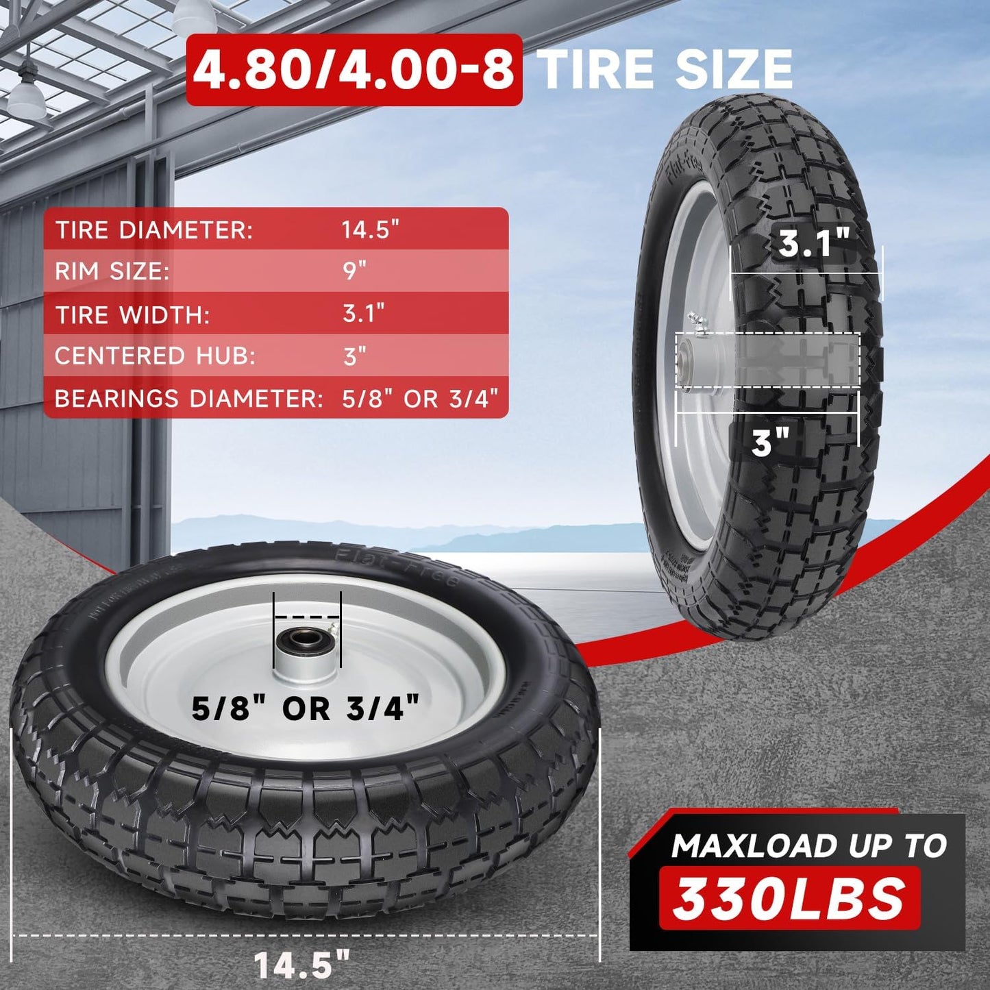 4.80/4.00-8 Tire and Wheel, 14.5" Flat Free Wheelbarrow Tire, 5/8" 3/4" Bearings Universal Solid Replacement Tires, 3" -7" Centered Hub for Hand Truck, Garden Cart, Includes Spacer Kit