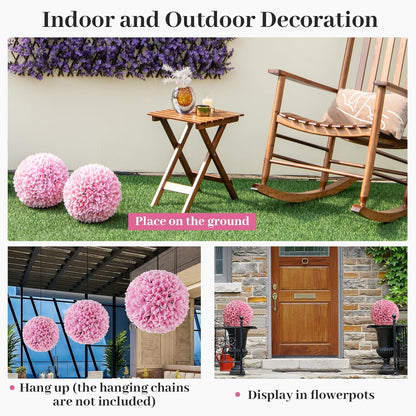 Goplus 11 Inch Topiary Balls Artificial Outdoor Set of 2, Faux Boxwood Ball, Fake Plant Sphere, Round Artificial Plant Balls for Front Door, Porch, Backyard, Balcony, Home Décor (Pink)