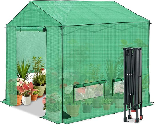 COOS BAY 8x8 FT Portable Walk-in Greenhouse, Pop up Outdoor Green House with Power Access Openings, Zippered Doors & Windows, Durable PE Cover, Green