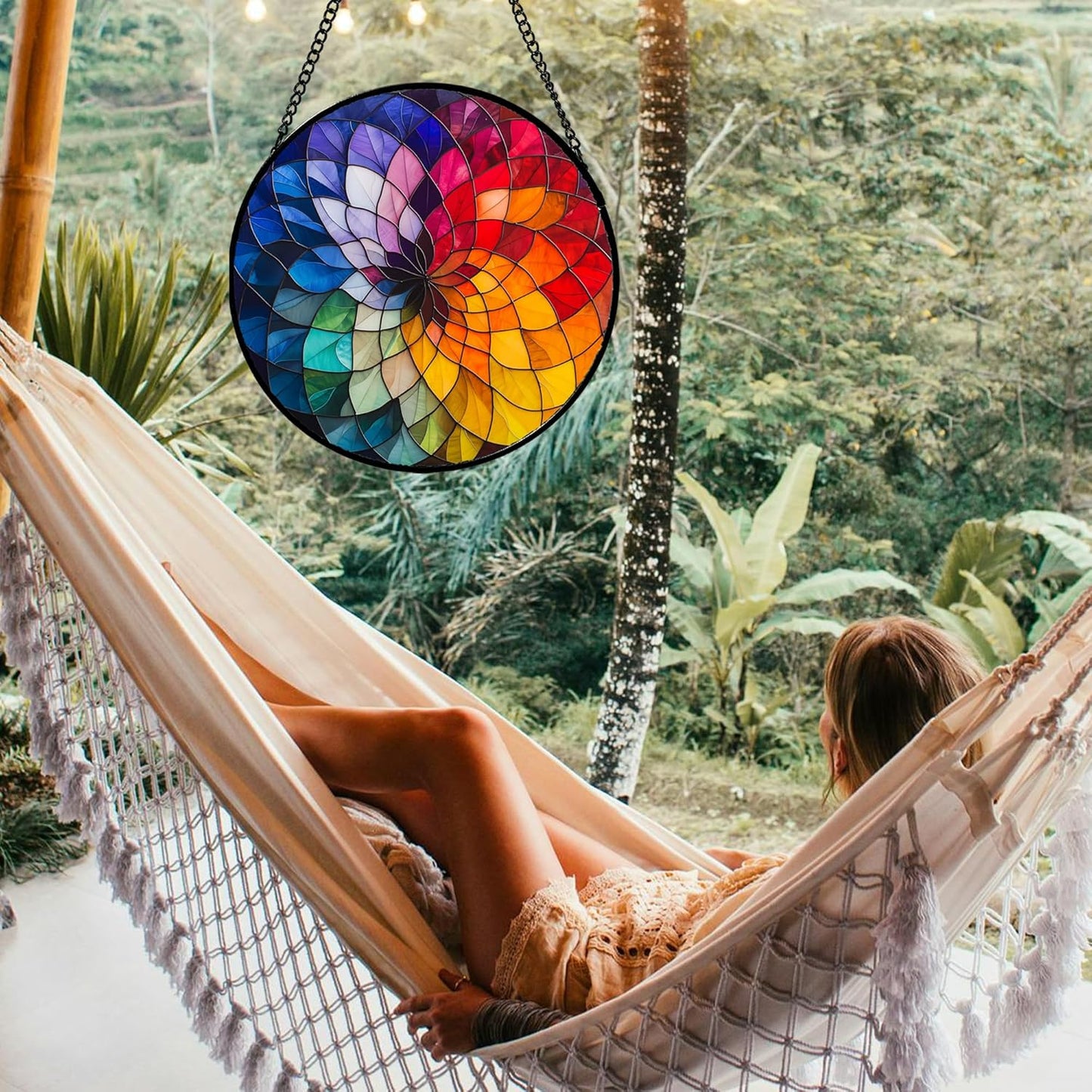 Stained Glass Window Hanging - Colorful Flowers Sun Catcher for Door Terrace Garden Home Decor, Abstract Gradient Suncatcher Birthday Gifts for Lovers Women Men Dad Mom Nana 6.3 in