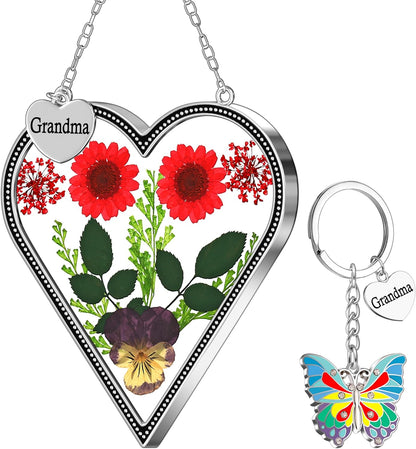 KY&BOSAM Heart Suncatcher for Windows Hangings Grandma Gift Stained Glass Butterfly Suncatcher Pressed Flower Between Heart in Glass Metal Engraved Charm Gift for Women Mother's Day Birthday Christmas