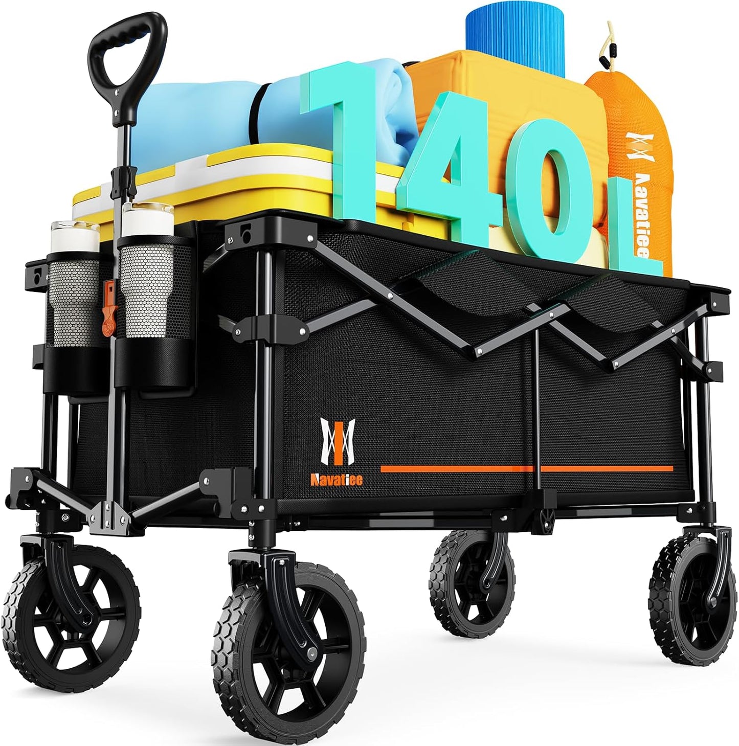Navatiee 140L Collapsible Folding Wagon, Large Capacity Foldable Wagon with Silent All-Terrain Wheels, Utility Grocery Cart for Camping Shopping Outdoor, Black