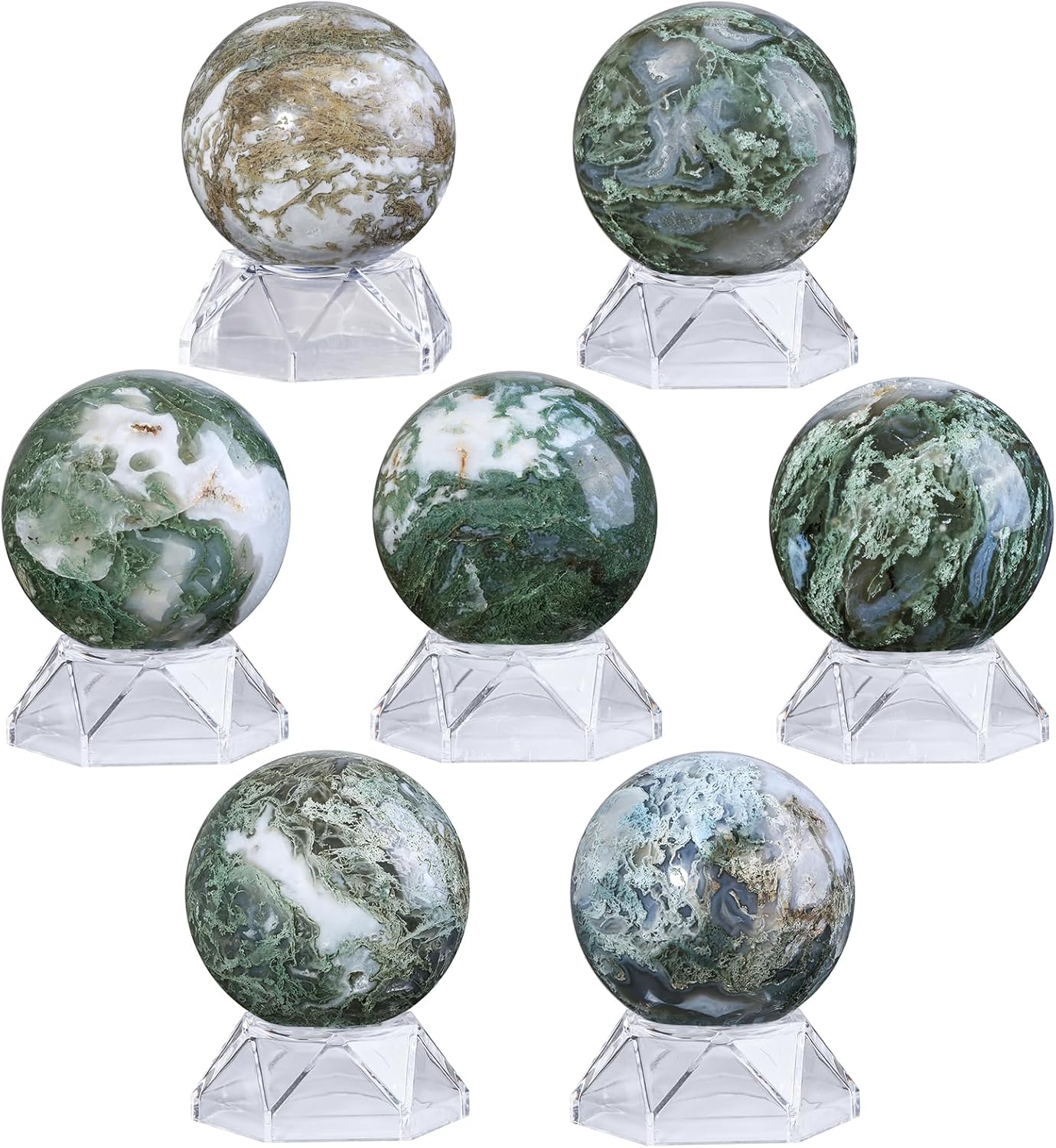 Natural Moss Agate Crystal Ball with Acrylic Display Base, 51-60mm Polished Stone Feng Shui Crystal Sphere Meditation Decoration for Home & Office