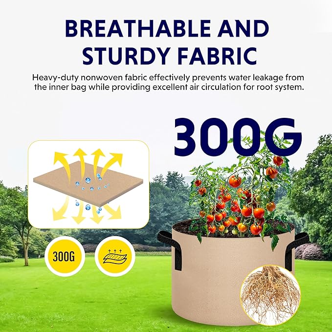 iPower 5-Pack 20 Gallon Plant Grow Bags Thickened Nonwoven Aeration Fabric Pots Heavy Duty Durable Container, Strap Handles for Garden, Tan New