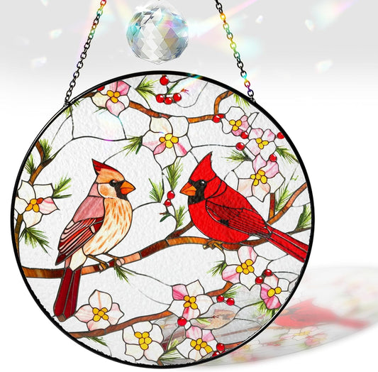 6" Cardinal Bird Stained Glass Suncatchers Art Glass Birds and Flowers for Sun Catcher Indoor