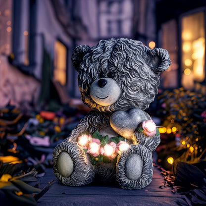 Solar Garden Outdoor Statues Bear with Heart and Pink Flower and 5 LED Lights-Lawn Decor Bear Statue for Patio, Balcony, Yard Ornament-Unique Mother's Day and Housewarming Gifts for Mom, Women