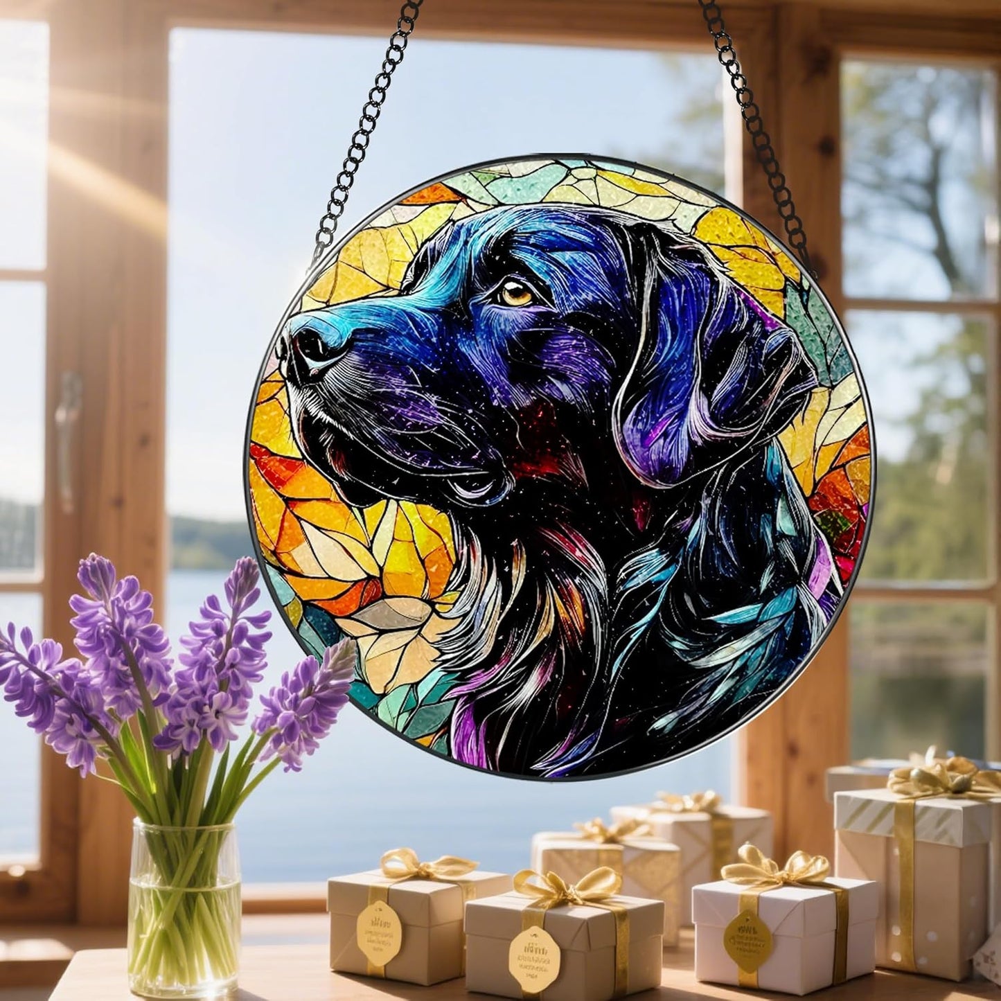 8″ Stained Glass Window Hanging Ornament, Black Labrador Retriever Stained Glass Suncatcher Ornament, Sun-Catcher Window Decor | Gifts for Dog Lovers, Dog Lover Gift, Pet Lover Gift