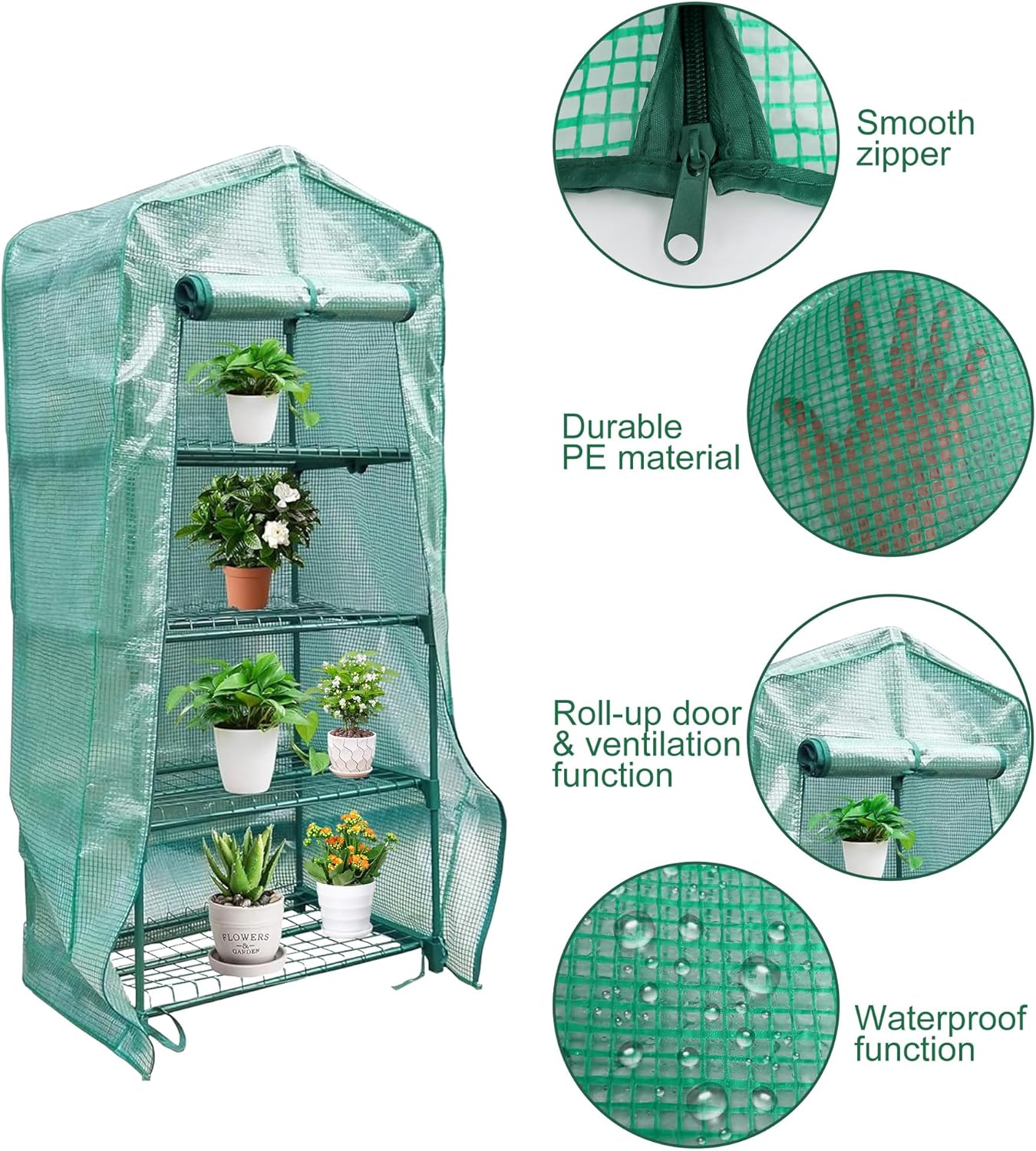 Sfcddtlg 4 Tier Greenhouse Replacement Cover, 63" x 27.2" x 19.3" PE Plant Greenhouse Cover with Roll-Up Zipper Door for Indoor Outdoor Gardening Plants Cold Frost Wind Rain Proof (Frame NOT Included)