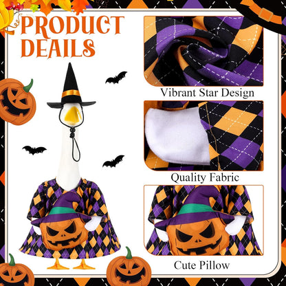 Sanwuta 1 Set Halloween Porch Goose Outfit Pumpkin Pillow Design with Witch Hat for 23" Lawn Cement Goose Porch Geese Clothes Costume for Halloween Garden Patio Yard Outdoor Decorations