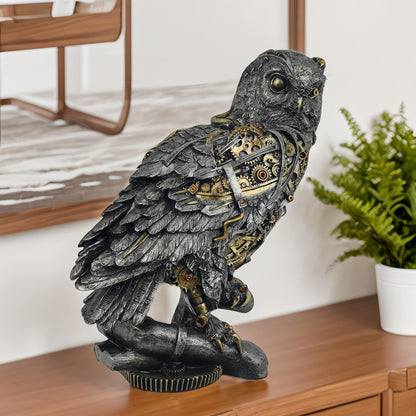 Steampunk Owl Statue 11.6'' H Metallic Silver and Gold Gothic Collectible Animal Figurine Wisdom Gift Owl Sculpture for Home Office Decoration Living Room Tabletop Mantel