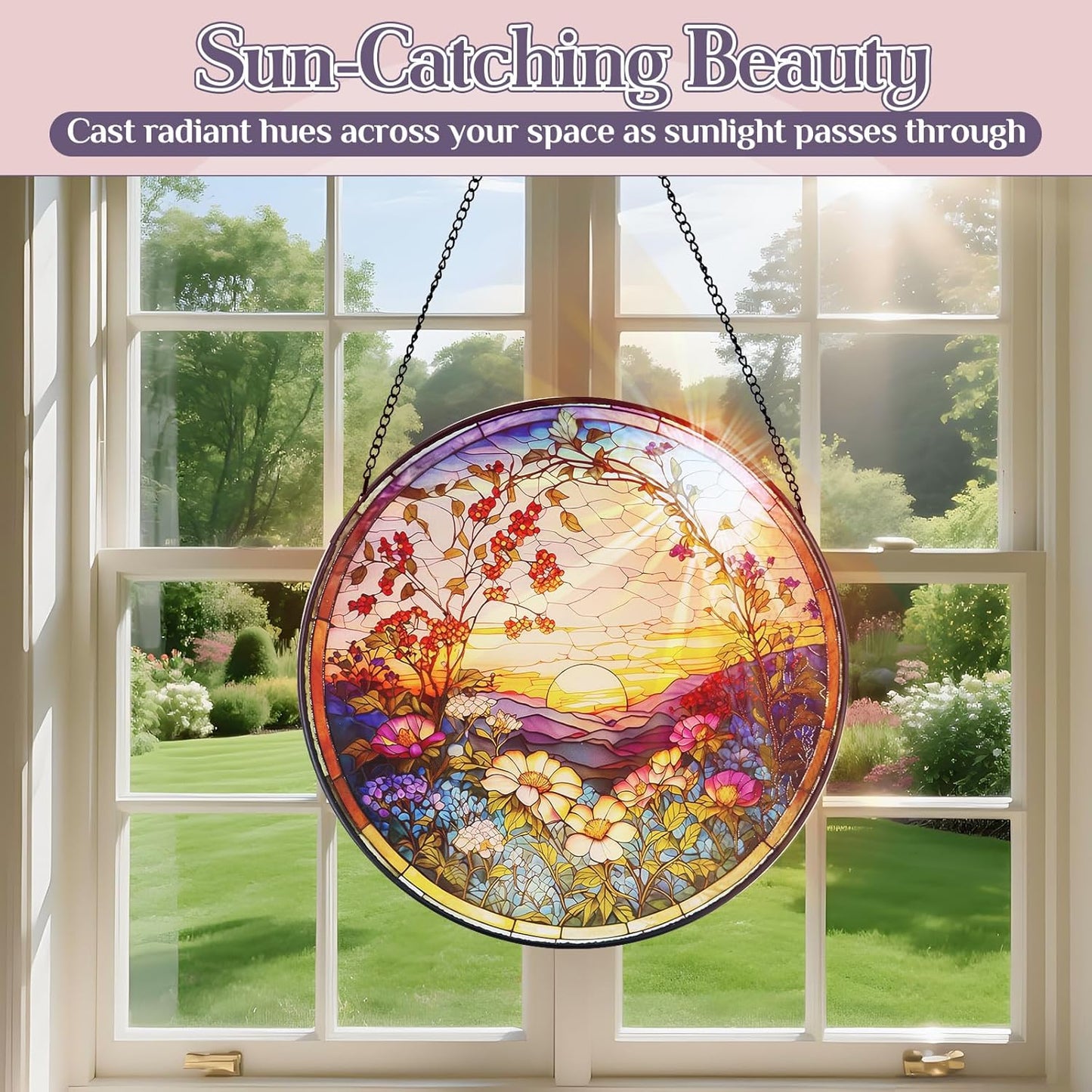 Stained Glass Window Hanging Sunset Suncatcher, Renyalora 10 Inch Round Real Glass Panel with Mountain Landscape and Wildflower Sun Catcher for Indoor Windows, Home, Garden, or Outdoor Wall Decor