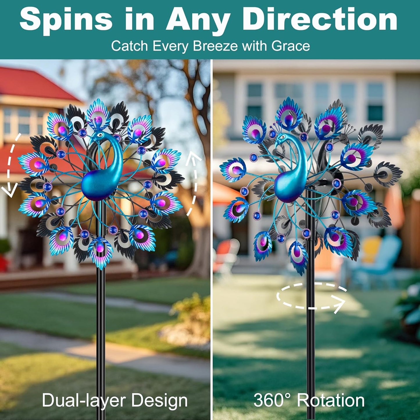 Wind Spinners Garden Decor for Outside, 13 Inches 360°Peacocks Windmill for Yard Decorations Outdoor, Metal Yard Art Wind Sculptures Garden Gifts for Women, Backyard, Patio, Lawn Ornament