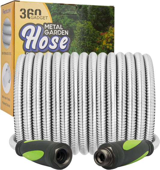 Garden Hose - Water Hose 25 FT with Swivel Handle, Flexible, Heavy Duty, No Kink, Lightweight Metal Hose for Outdoor, Yard, 304 Stainless Stee