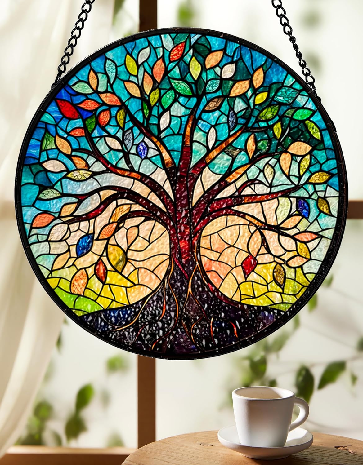 Tree of Life Stained Glass Sun Catcher - Handcrafted 7.87 Inch, Blue Sun Catcher Decoration, Stained Glass Window Hanging, Outdoor Garden Decor Gift, Gift for Friends, Family, Coworkers, Classmates