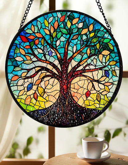 Tree of Life Stained Glass Sun Catcher - Handcrafted 7.87 Inch, Blue Sun Catcher Decoration, Stained Glass Window Hanging, Outdoor Garden Decor Gift, Gift for Friends, Family, Coworkers, Classmates