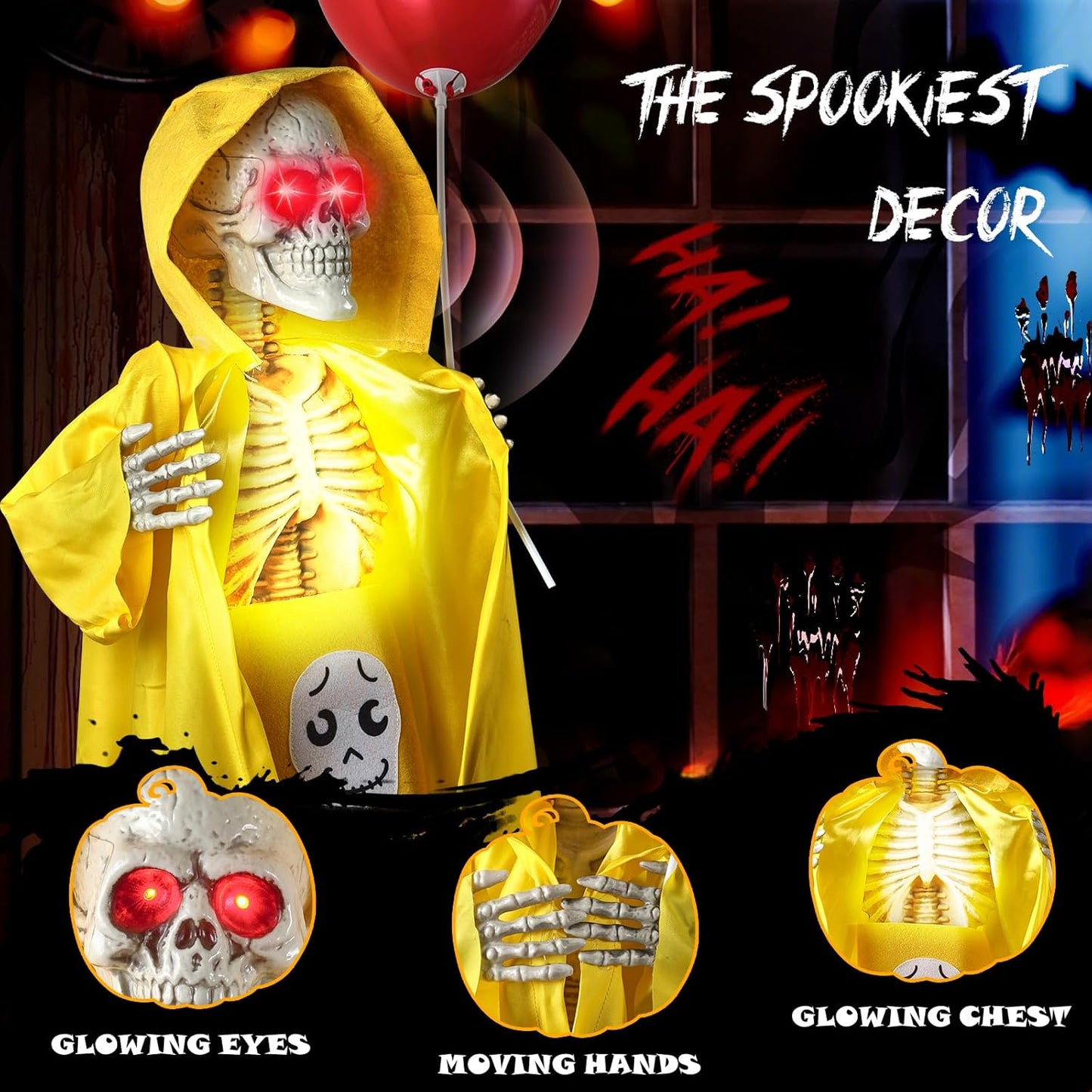 Halloween Animatronics Decorations Outdoor for Holding Candy and Gifts, 37 Inch Life Size with Balloon, Sound-Activated Sensor, Scary Decor for Home Party Indoor Outside Garden Lawn Grave Yard