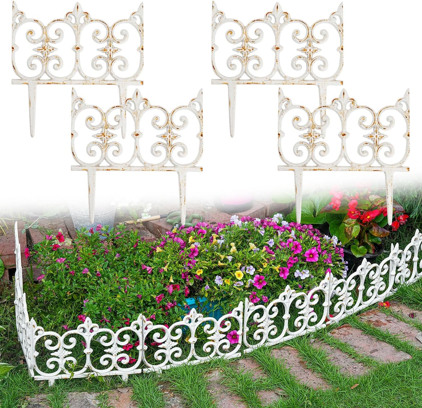 Sungmor Decorative Cast Iron Garden Edging, 4 Pack Rustic White Victorian Garden Edging Landscape Border, Vintage Metal Yard Stake Low Picket Fence, 10.6" Tall Outdoor Flower Bed Lawn Fence Panels
